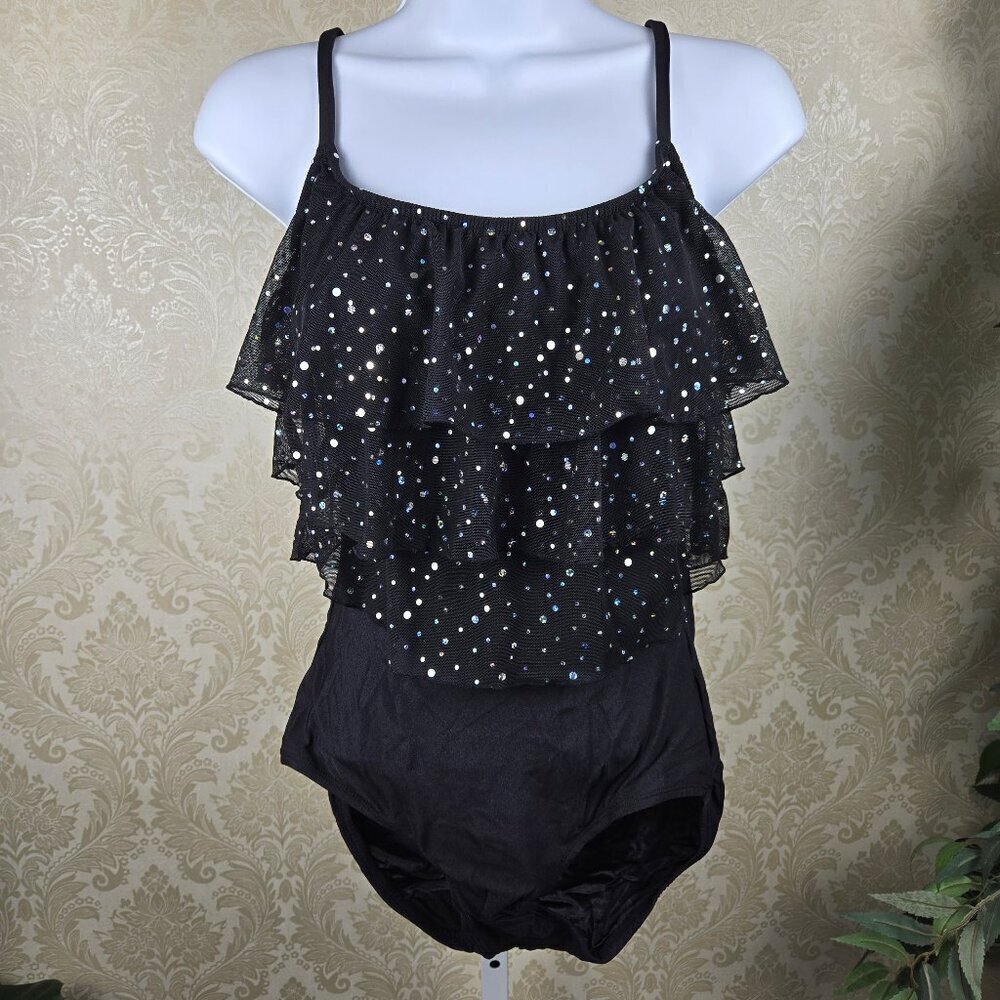 Longitude Size 10 One Piece Swimsuit Black Ruffled Top Sequins Slimming